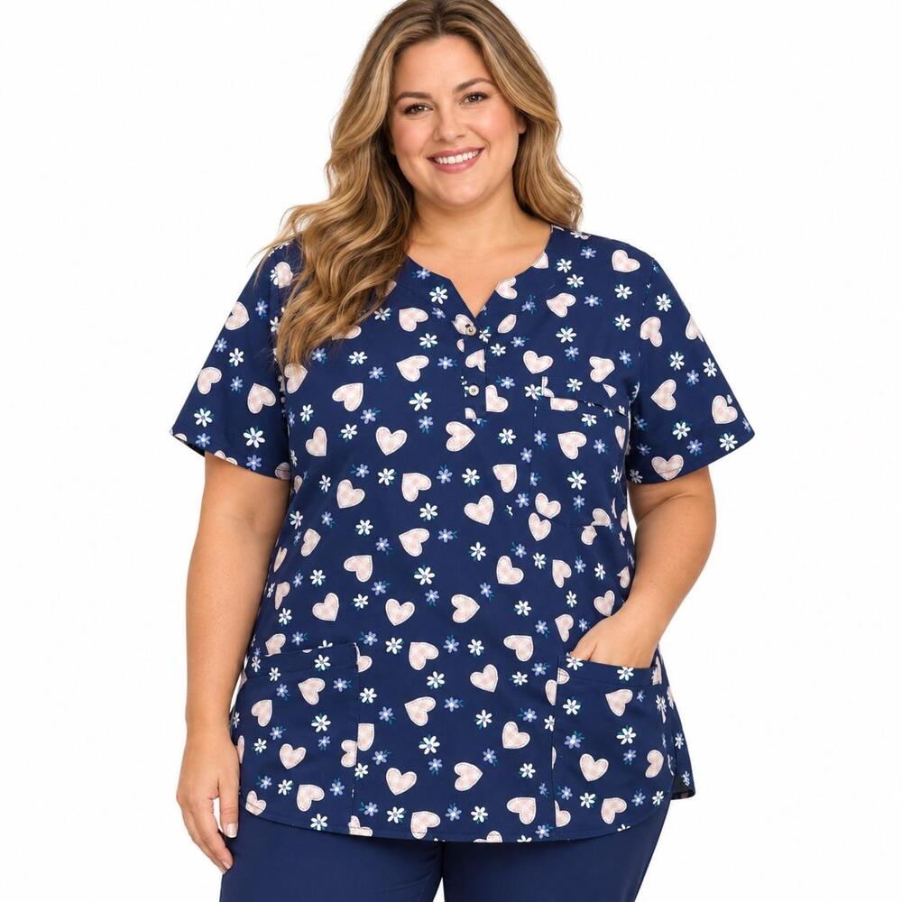 Lasting Comfort Tunic Blouse Womens Large Blue Heart Floral Scrub Top Pockets